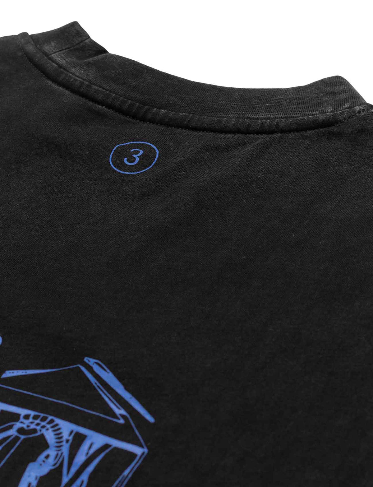 Alan Walker Drone Repair Shop T-Shirt collar close-up with a small circled number three above the back print