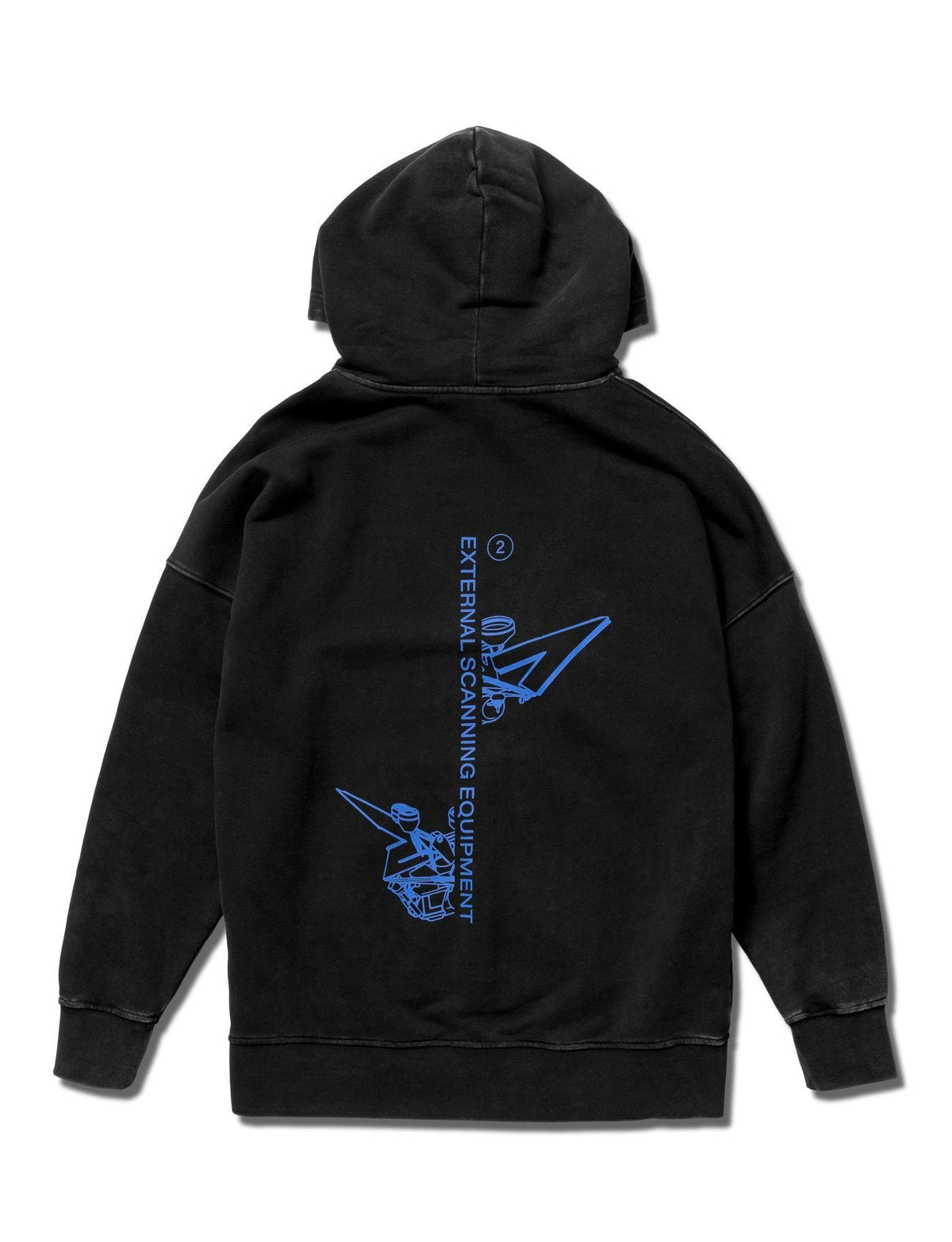 Alan Walker Drone Repair Shop Hoodie back flat lay with a large blue scanning drone graphic on washed black