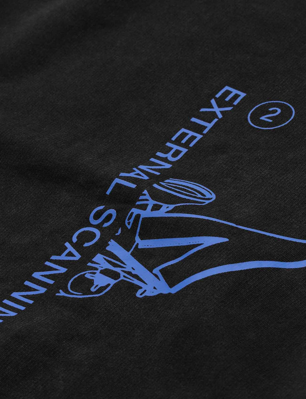Alan Walker Drone Repair Shop Hoodie back print detail, blue drone and External Scanning text on black fleece