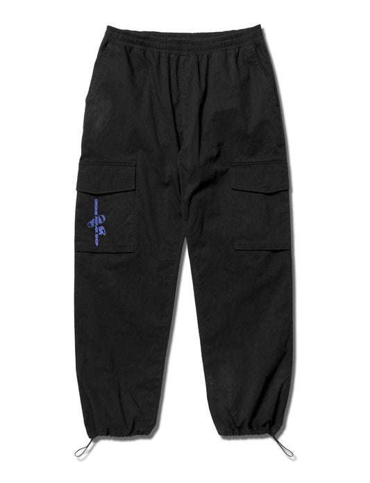 Alan Walker Drone Repair Shop Cargo Pants front flat lay in black with blue thigh print and drawcord cuffs