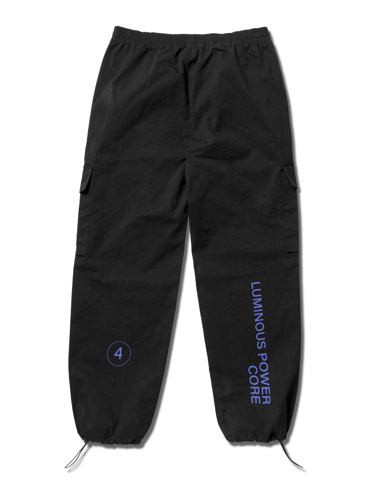 Alan Walker Drone Repair Shop Cargo Pants back flat lay, blue Luminous Power Core text running down the leg
