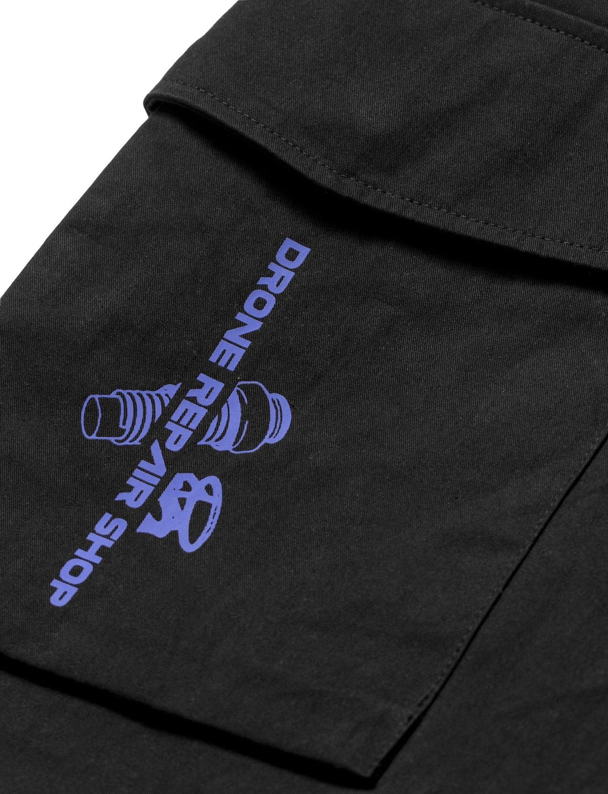 Alan Walker Drone Repair Shop Cargo Pants pocket close-up with the blue Drone Repair Shop drone graphic