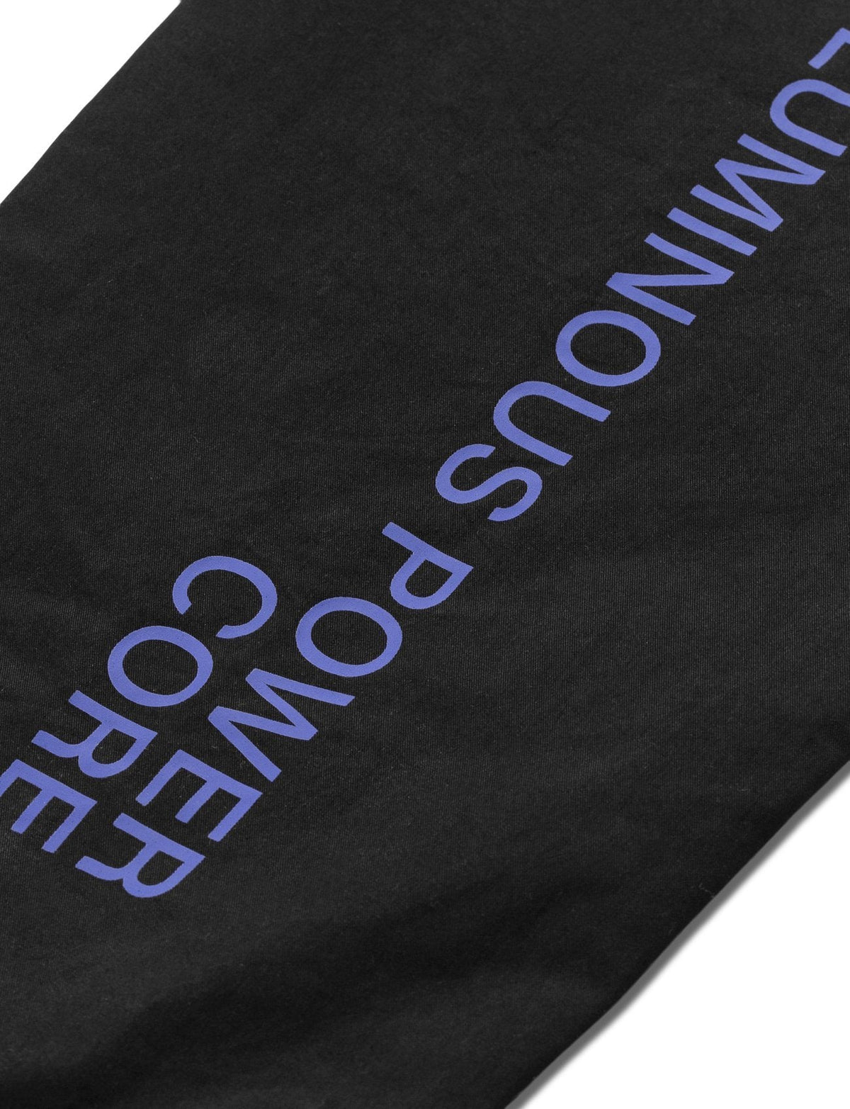 Alan Walker Drone Repair Shop Cargo Pants leg detail, blue Luminous Power Core lettering on black cotton twill