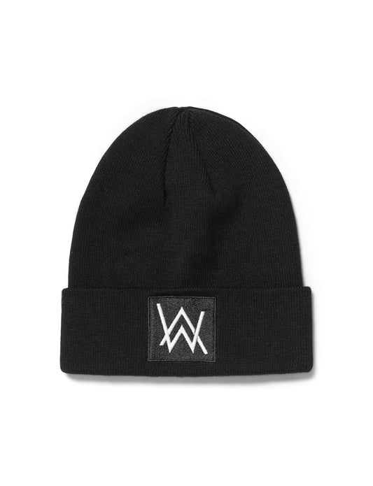 Alan Walker Core Beanie front view, black cuffed knit hat with a woven AW logo patch on the fold