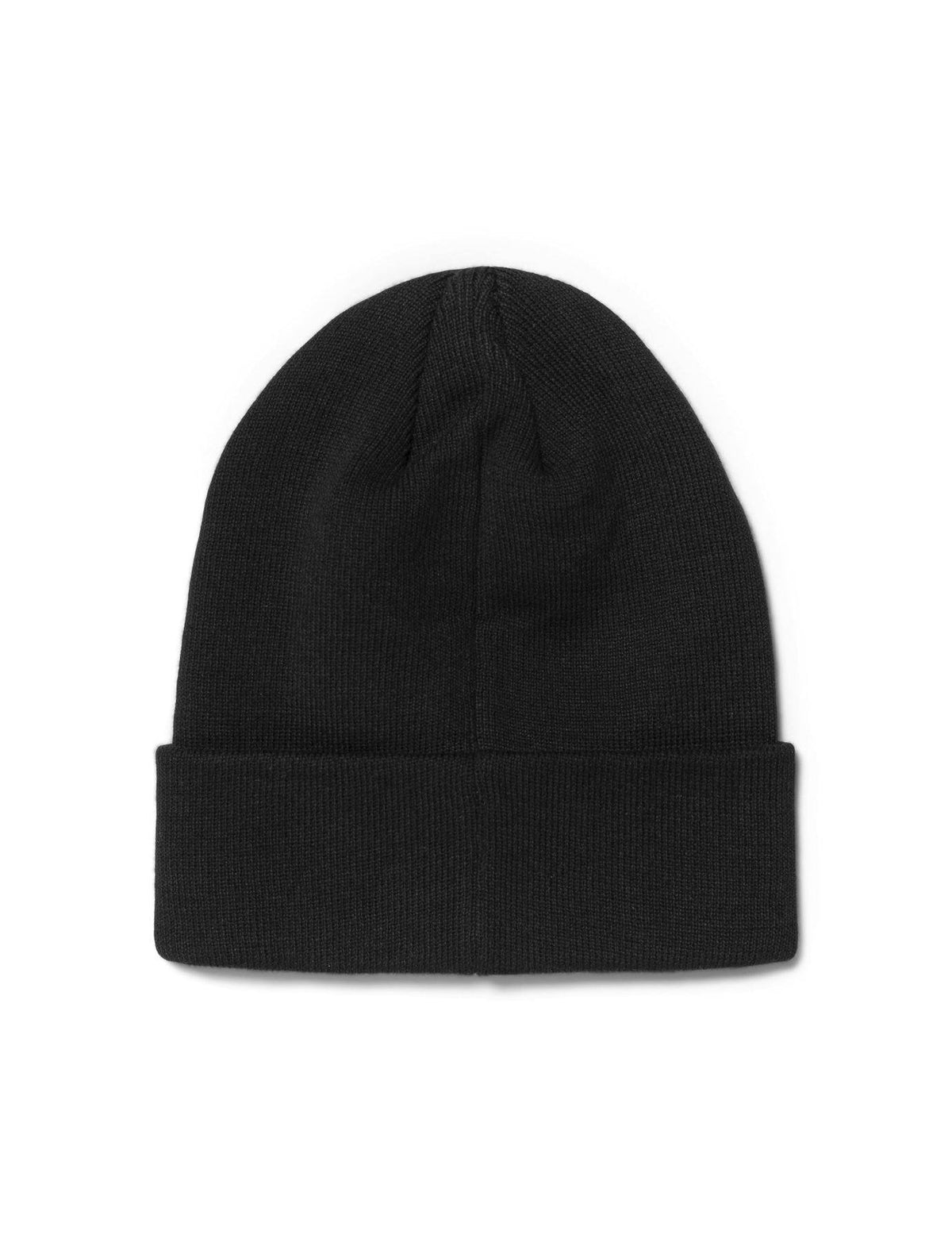 Alan Walker Core Beanie back view, plain black ribbed knit cap with a folded cuff