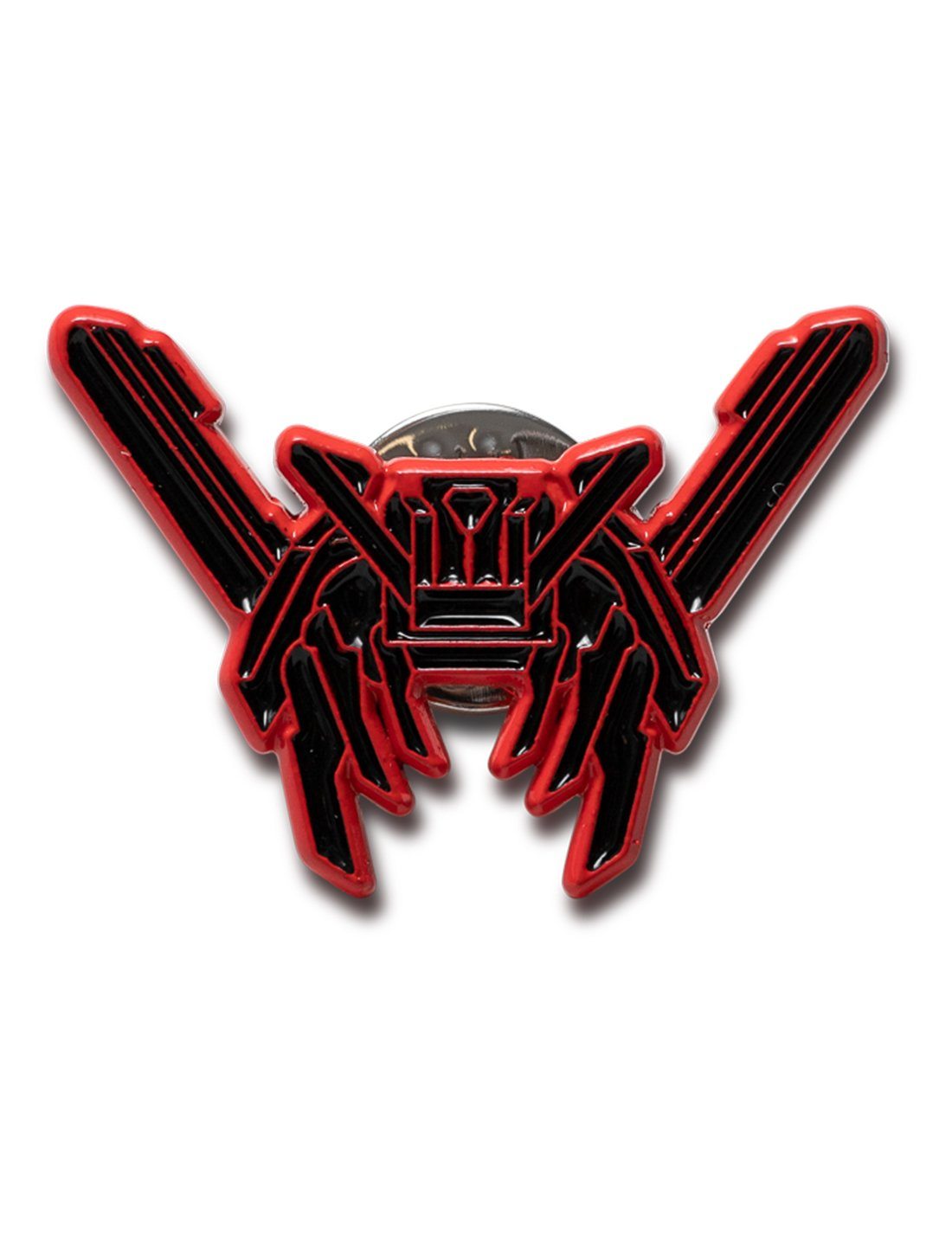 Alan Walker RX-8 Pin in glossy red enamel, front view of the winged drone shaped collectible badge