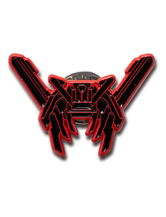 Alan Walker RX-8 Pin in glossy red enamel, front view of the winged drone shaped collectible badge