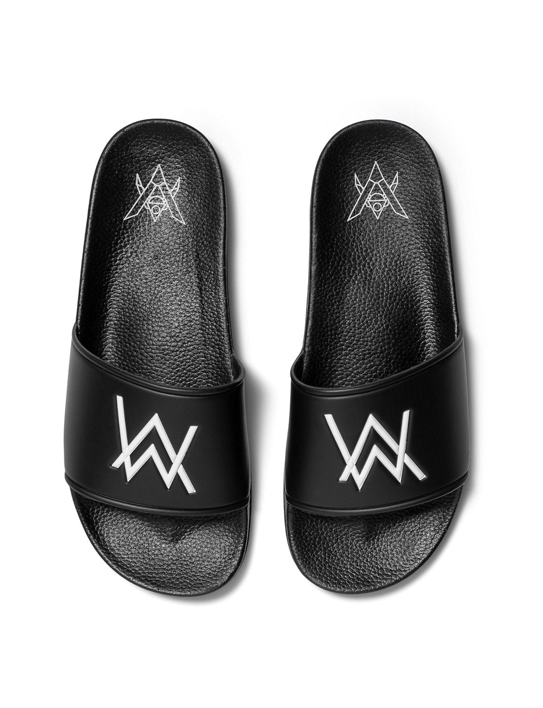 Alan Walker Logo Slippers in black, top-down pair view with the white AW logo across each strap
