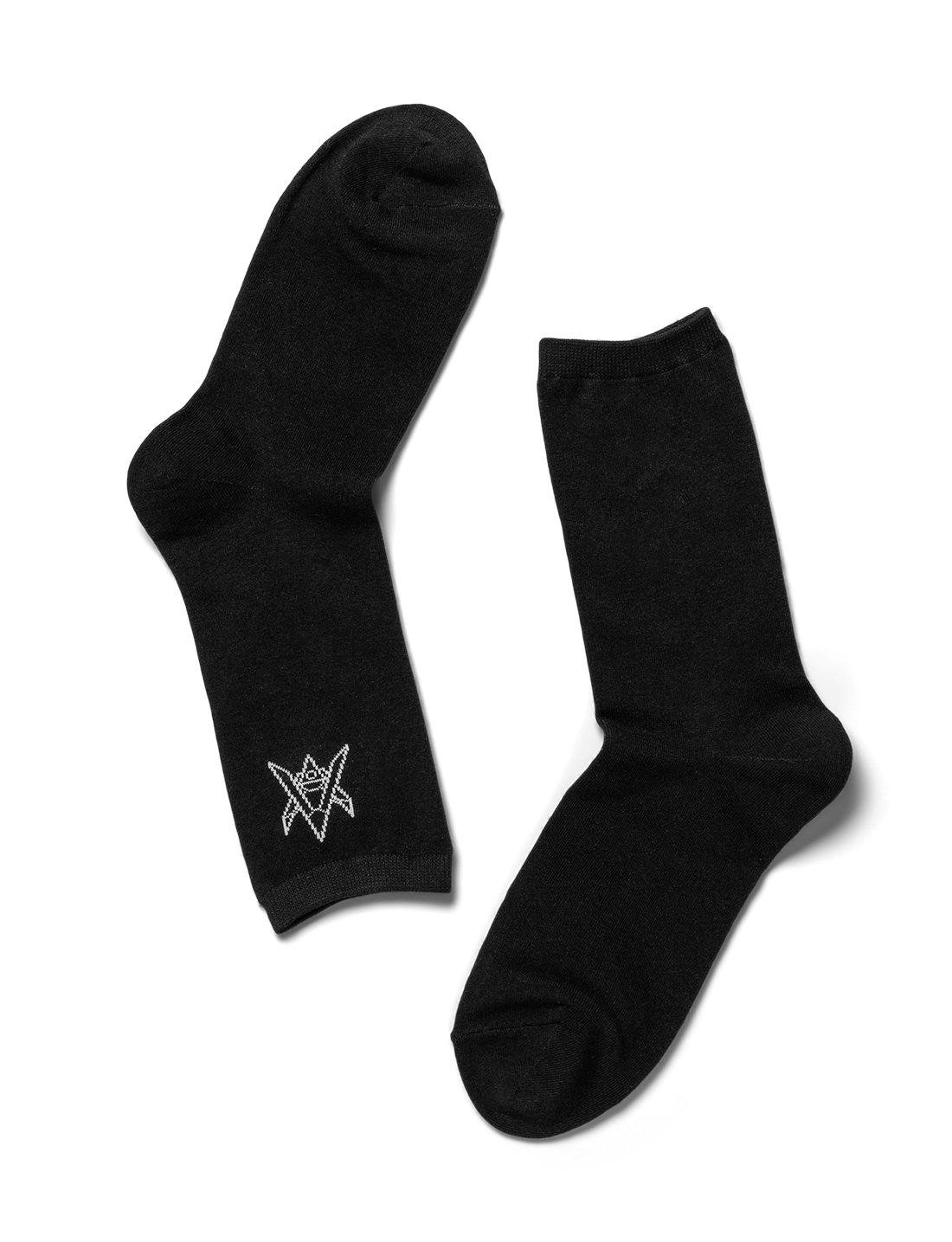Alan Walker Drone Socks, a pair of black crew socks with the sketched drone star logo above the foot