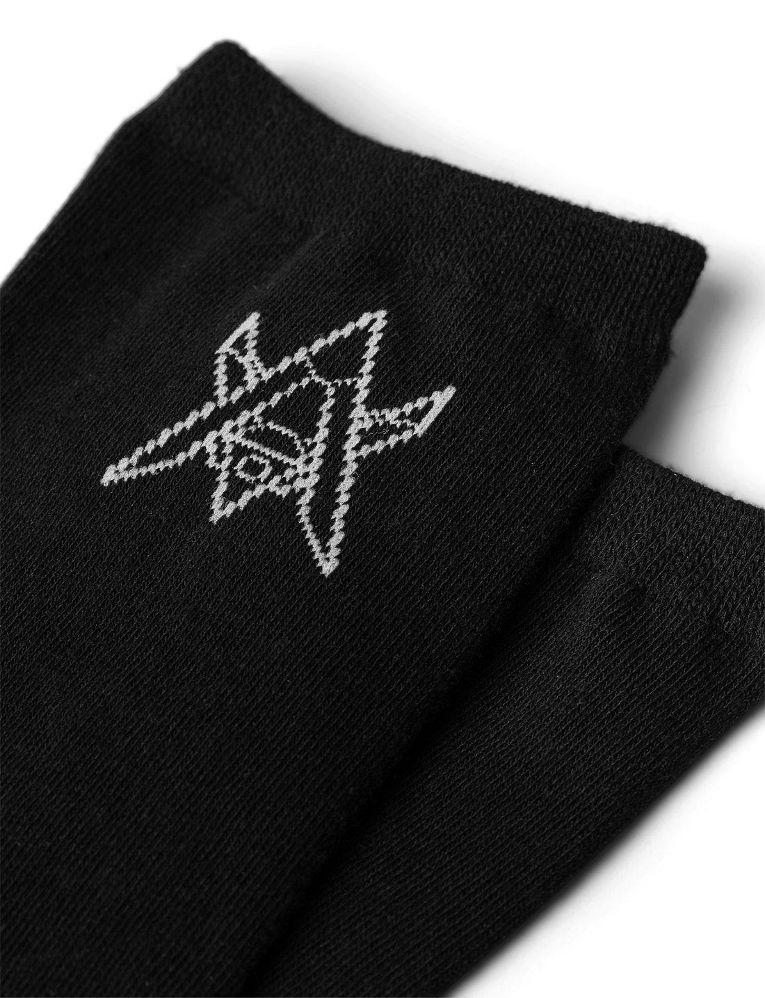 Alan Walker Drone Socks close-up, white hand drawn drone star embroidery on soft black ribbed knit