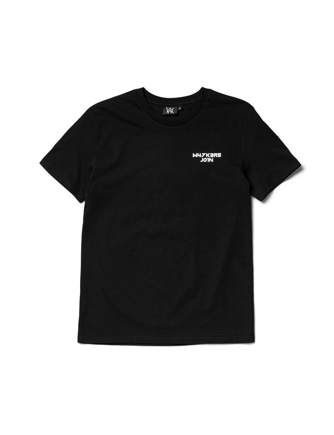 Alan Walker Core Logo T-Shirt front flat lay, black tee with small white W47K3R5 J01N text on the chest