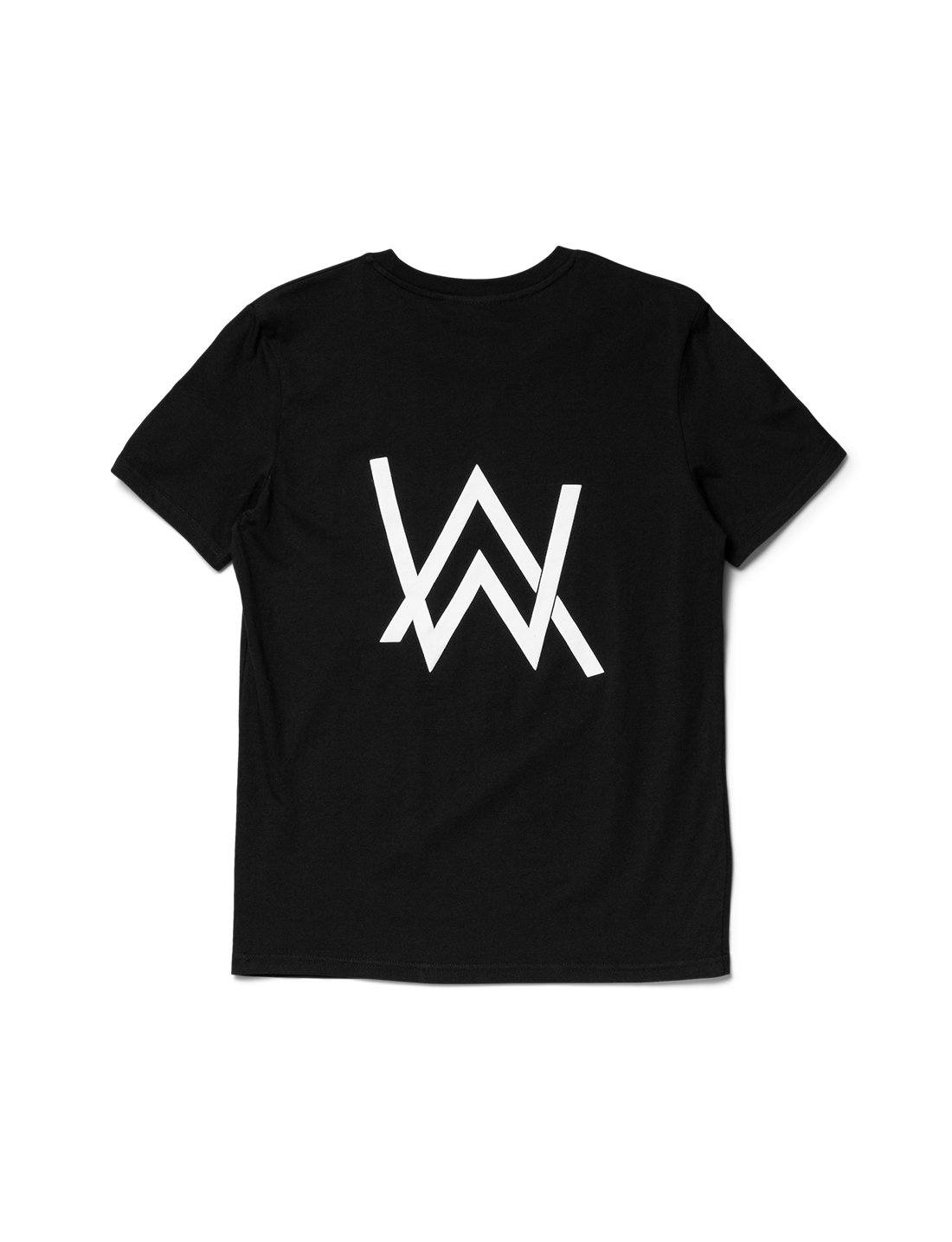 Alan Walker Core Logo T-Shirt back flat lay, big white AW mountain logo centred on black cotton