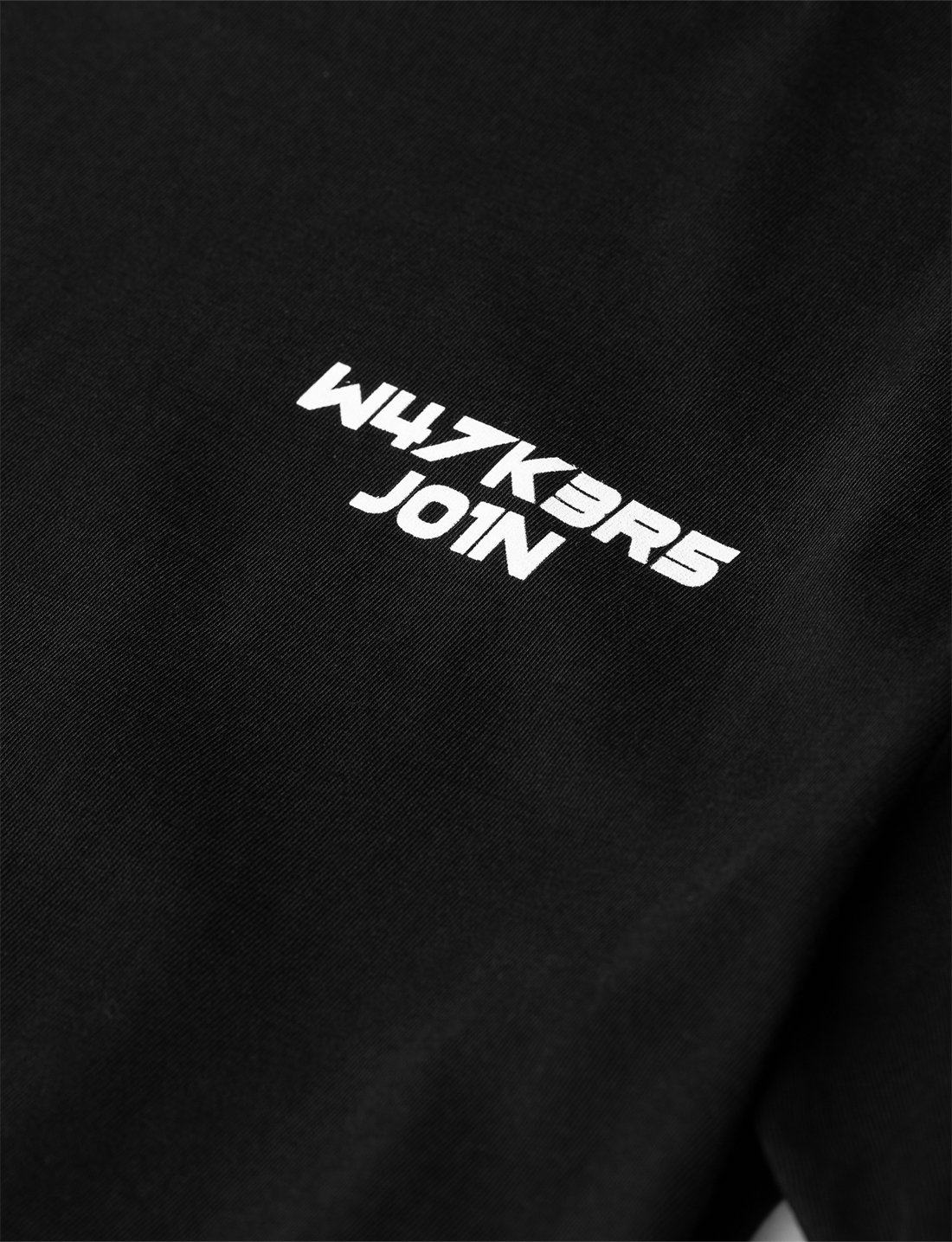 Alan Walker Core Logo T-Shirt chest print close-up, angular white W47K3R5 J01N lettering on black jersey
