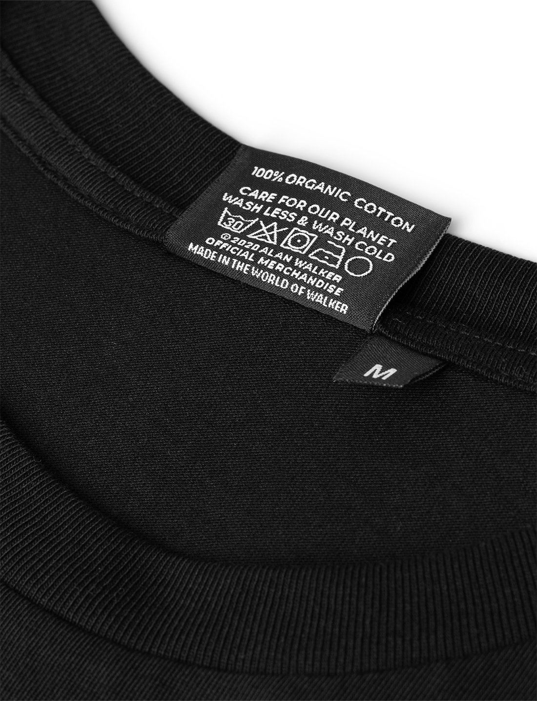 Alan Walker Core Logo T-Shirt neck label detail, organic cotton care tag and size M inside the black collar