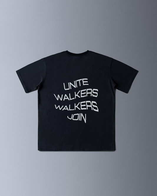 Alan Walker Unite Walkers T-shirt in black, back view with stacked white Unite Walkers Walkers Join text print
