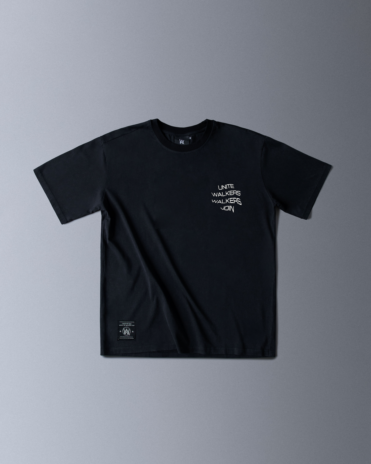 Alan Walker Unite Walkers T-shirt front view in black with small white chest text and woven hem label