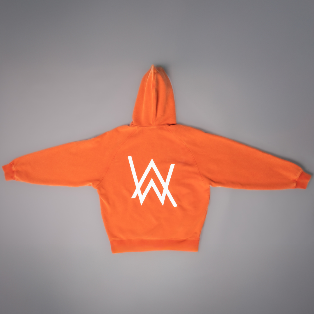 Alan Walker Walkerworld Logo Hoodie laid flat back side up, white AW logo centred on the orange hood sweatshirt