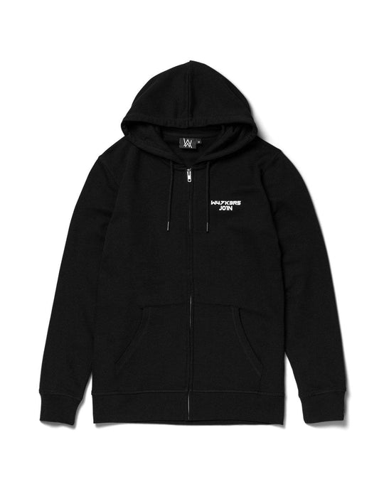 Alan Walker Core Logo Zip Hoodie front flat lay, black zip-up with a small white W47K3R5 J01N chest print