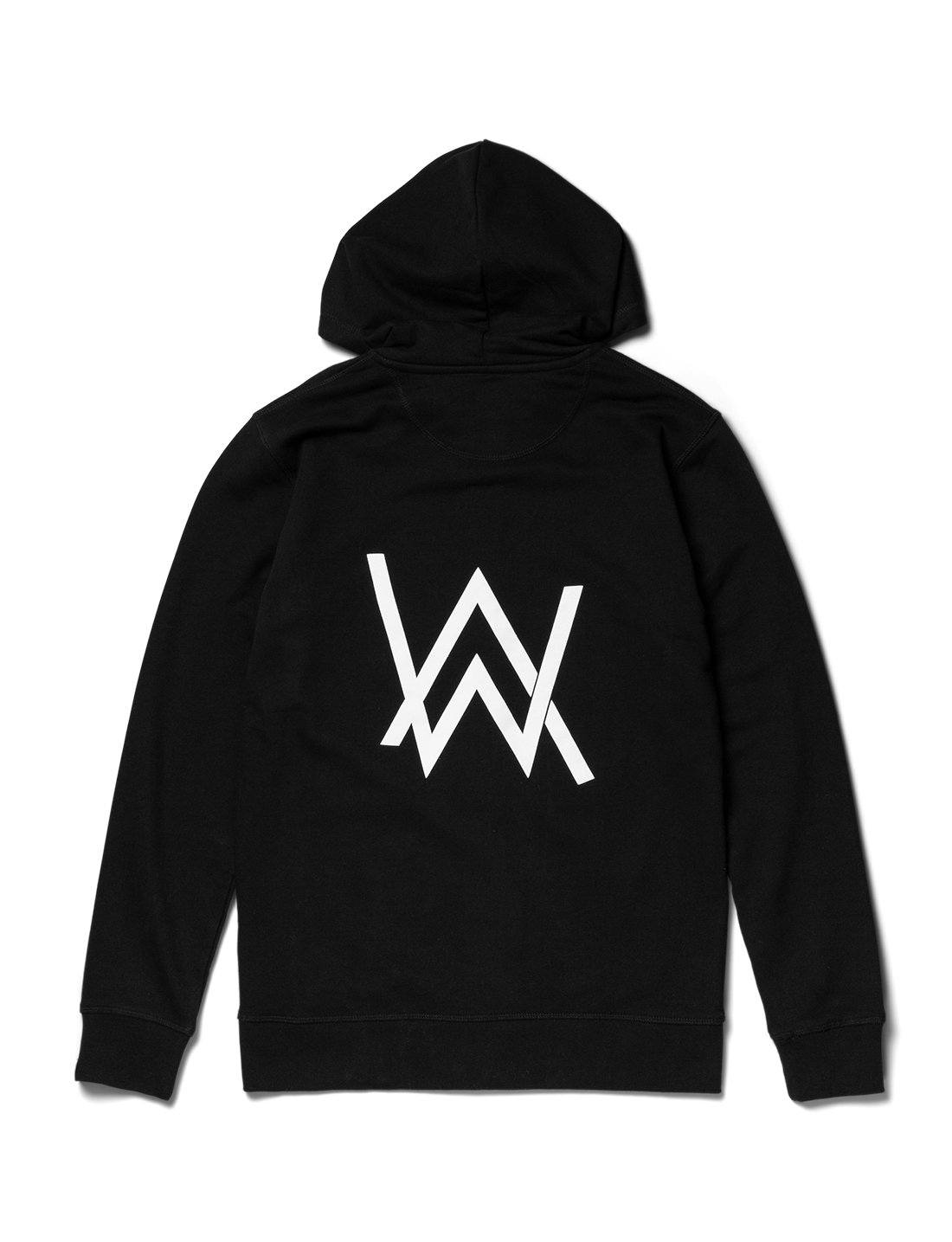 Alan Walker Core Logo Zip Hoodie back flat lay, large white AW mountain logo across the black hood jacket