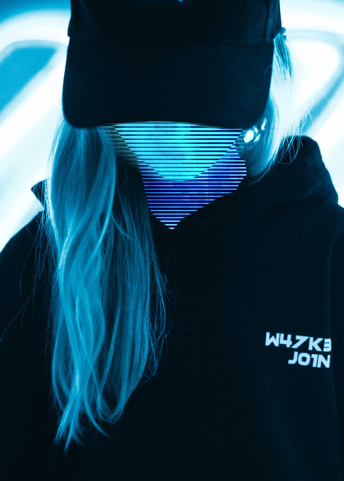 Alan Walker Kids Logo Hoodie worn in a neon lit shot, blue W4LK3RS JOIN chest print and glowing LED visor