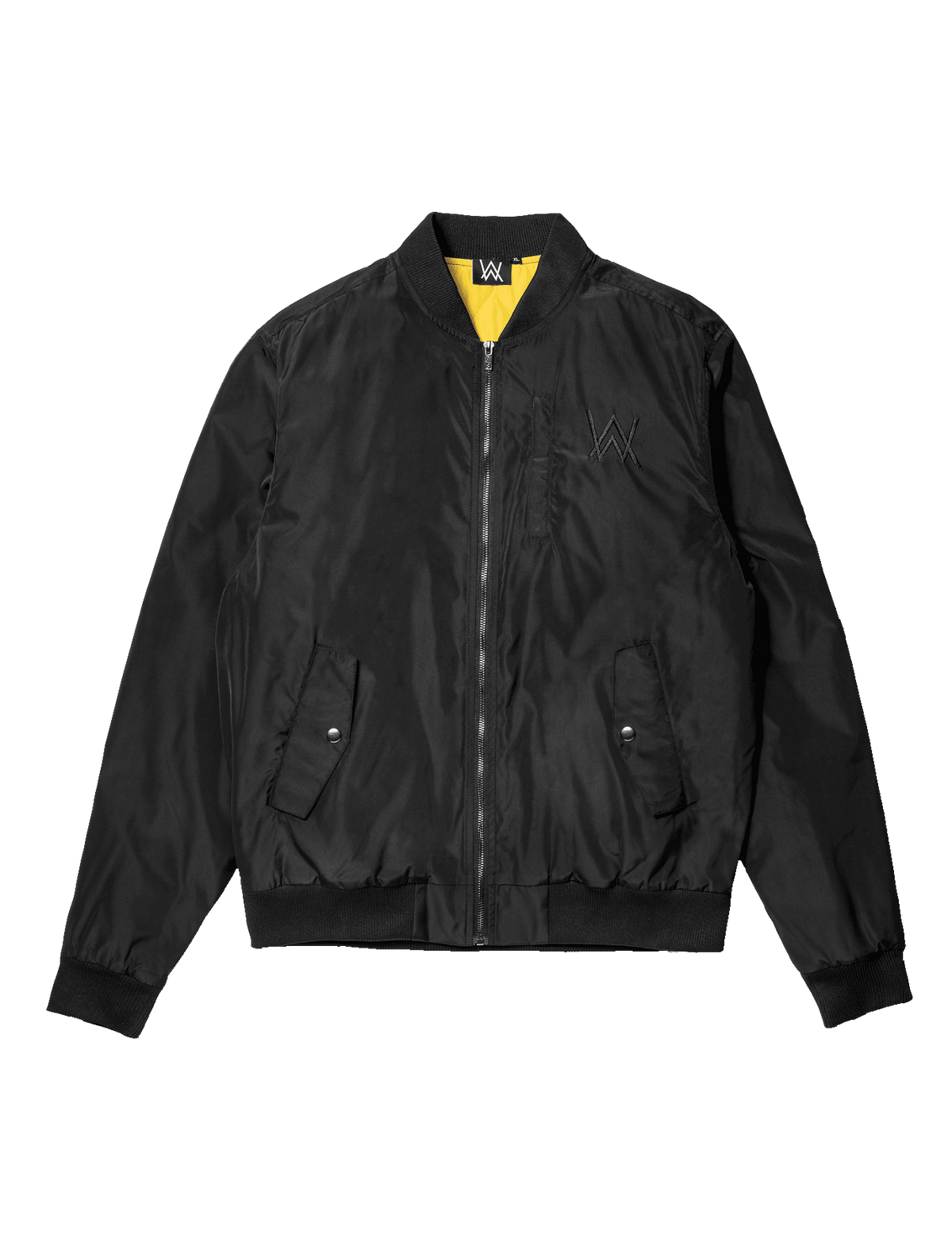 Alan Walker Walkerverse Bomber Jacket front flat lay in black with yellow inner collar and zip pockets