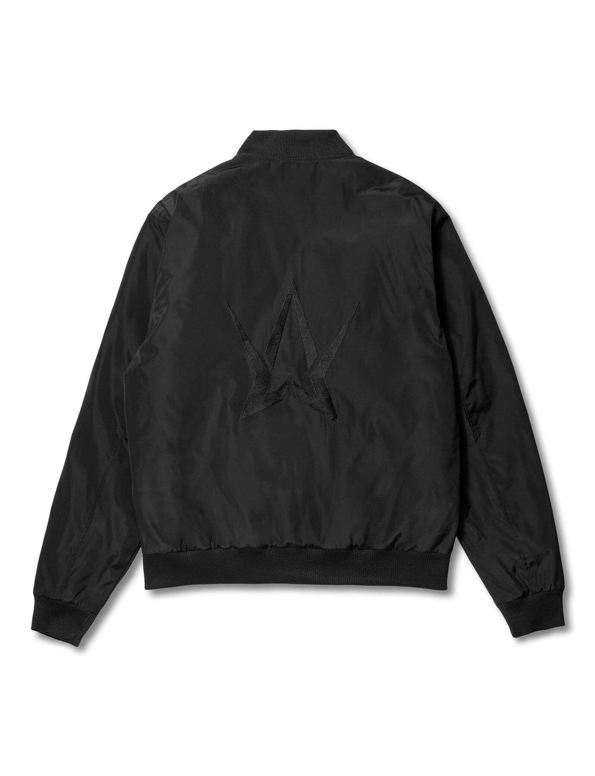 Alan Walker Walkerverse Bomber Jacket back flat lay, tonal black star emblem across the glossy shell