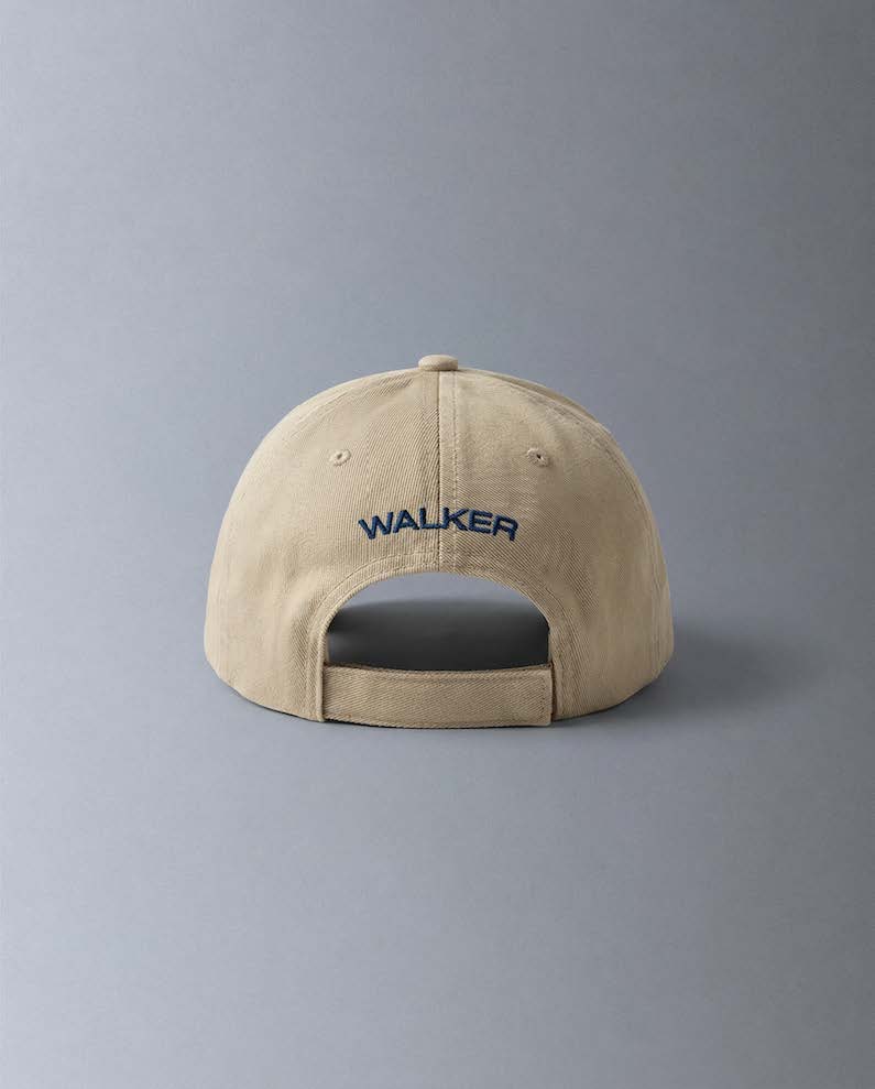 Alan Walker AV8 Cap rear view, tan cap with navy Walker embroidery above the adjustable strap closure