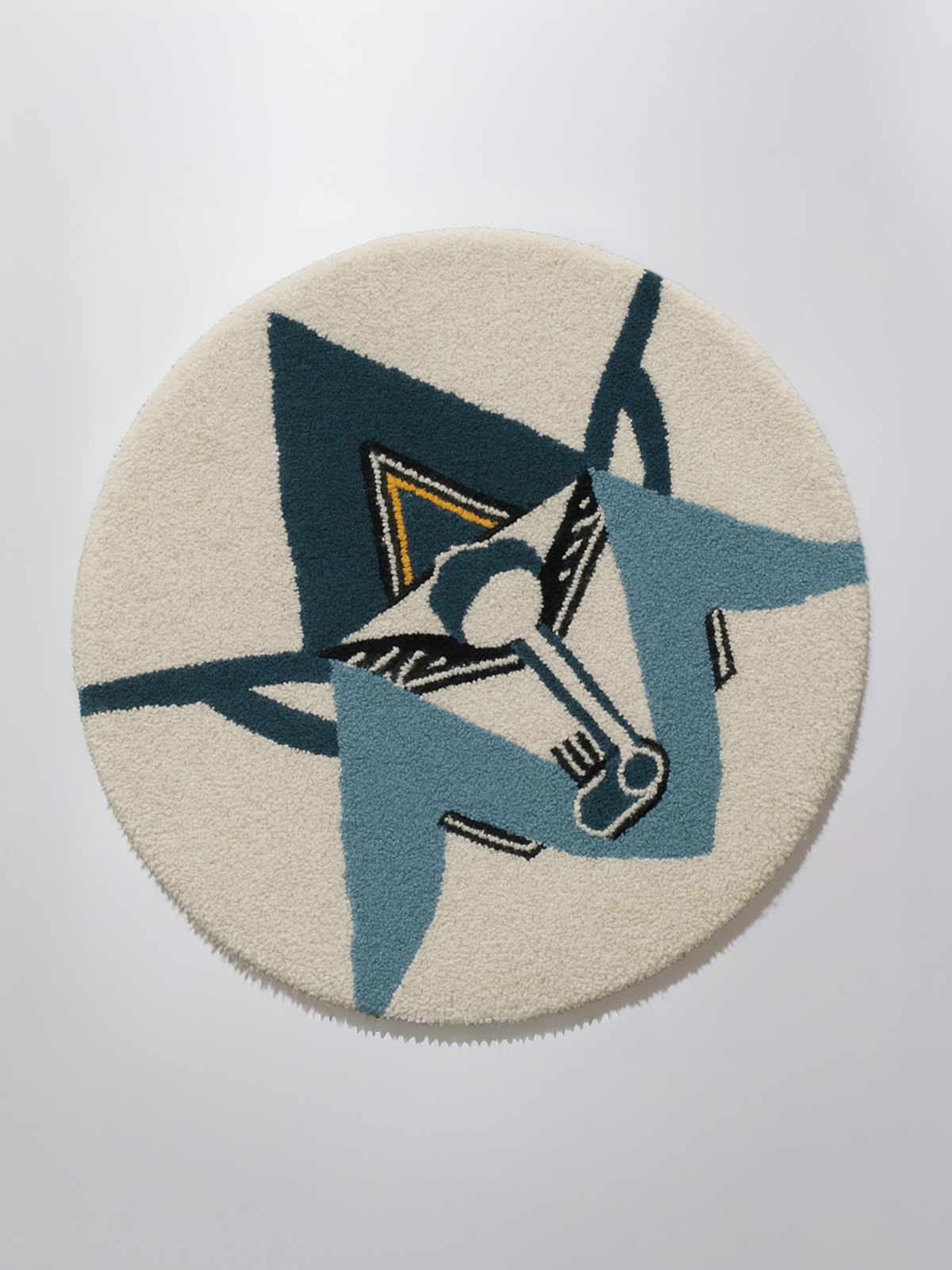 Alan Walker AV8 Rug shown full circle, cream tufted mat with a teal and blue AV8 emblem in the centre