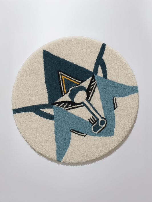 Alan Walker AV8 Rug shown full circle, cream tufted mat with a teal and blue AV8 emblem in the centre