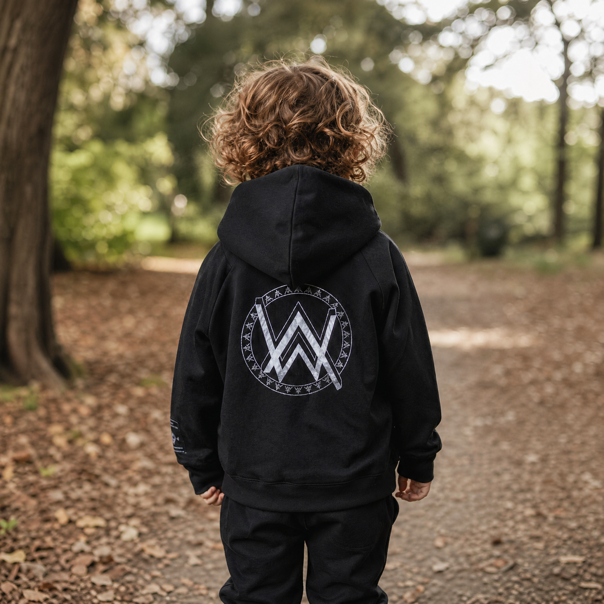 Alan Walker Monster Core Logo Hoodie Bundle back view on a curly haired child outdoors, black hoodie with AW runic crest