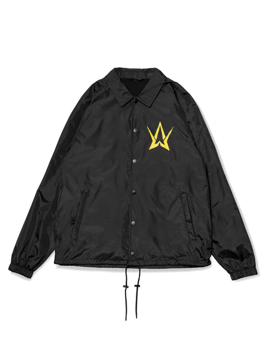 Alan Walker Walkerverse Crew Jacket front flat lay, black coach jacket with yellow AW logo and snaps