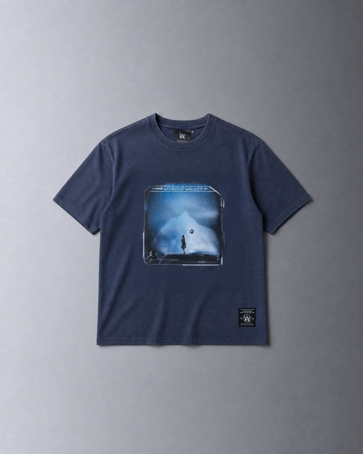 Alan Walker World of Walker Anniversary T-Shirt in navy, flat lay with a blue mountain photo print on the chest